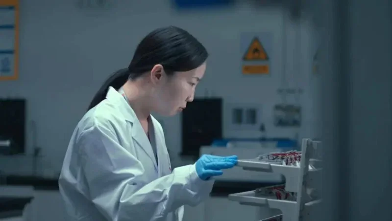 Especialista trabaja en el desarrollo y evaluación de celdas para baterías de vehículos eléctricos.
