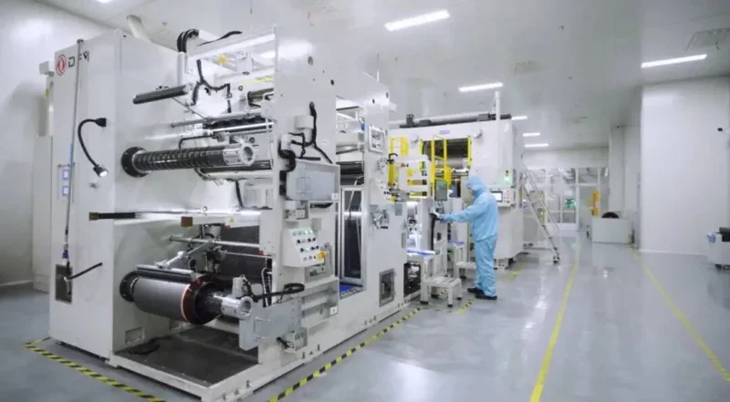 Línea piloto utilizada para fabricar componentes de baterías en un entorno industrial controlado.