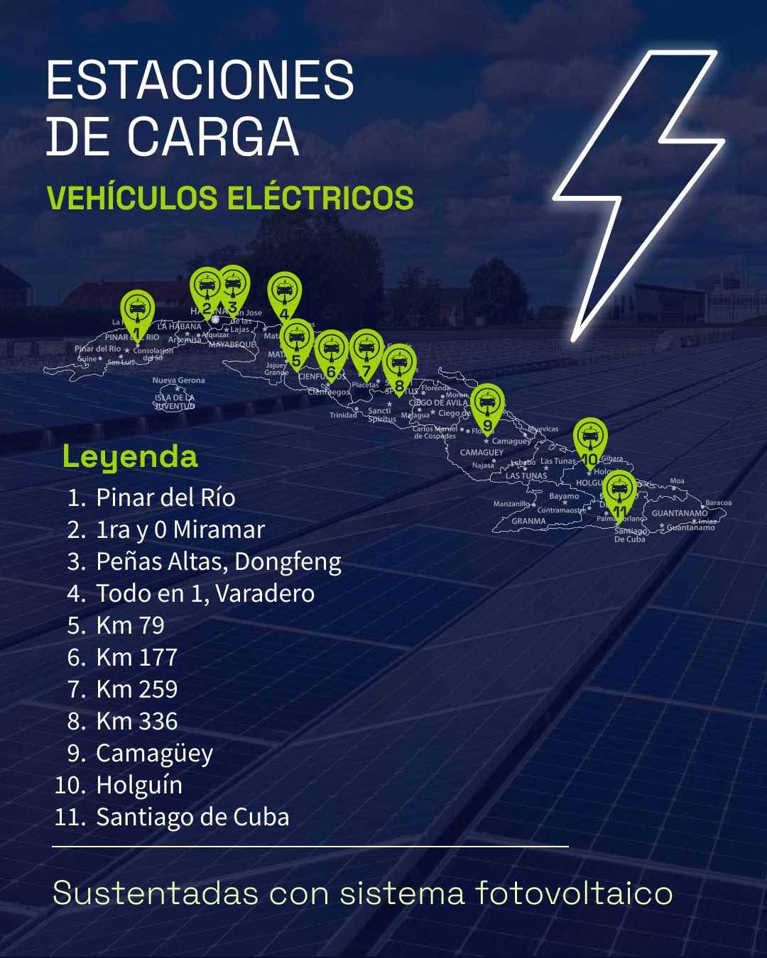 Mapa original publicado por Dongfeng Cuba con las ubicaciones anunciadas de las nuevas estaciones de carga para vehículos eléctricos.